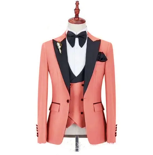 2022 Fashion Classic Peach Wedding Suits For Men Suit Slim Fit 3 piece Prom Groom Suits Peaked Lapel Tuxedos Best Man Blazers