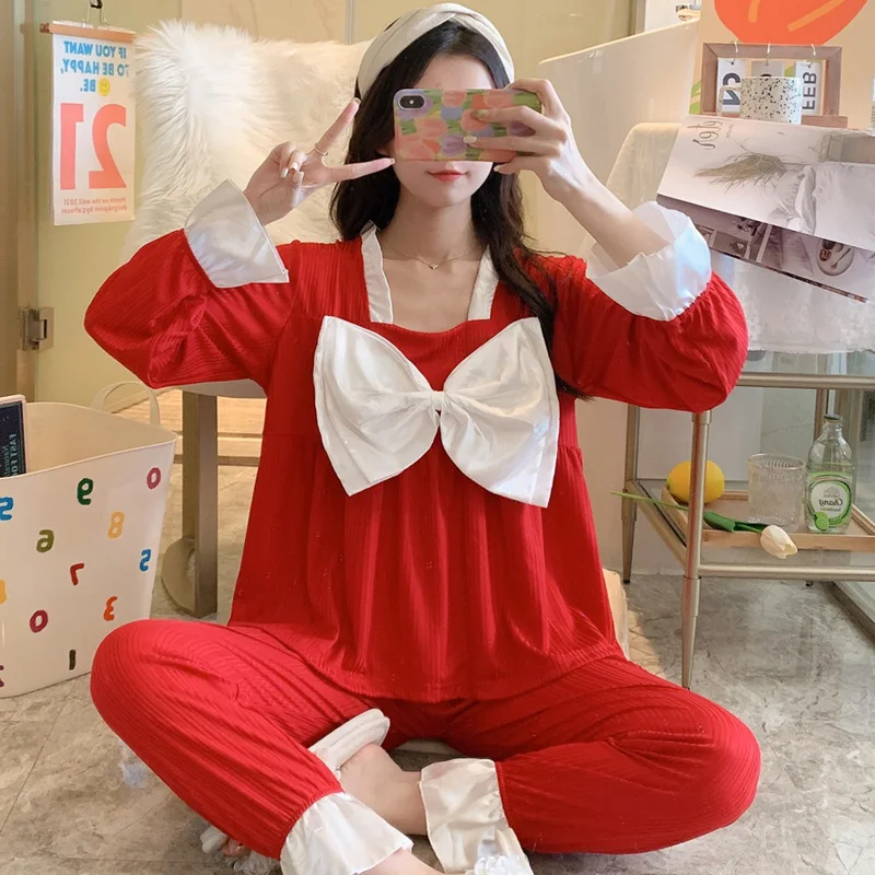 

New 2022 Women's Pajamas Set Spring Autumn Night Homewear Suit Girls Sleepwear Bow Pijamas Homepwear Pyjamas Kawaii Pj Sets