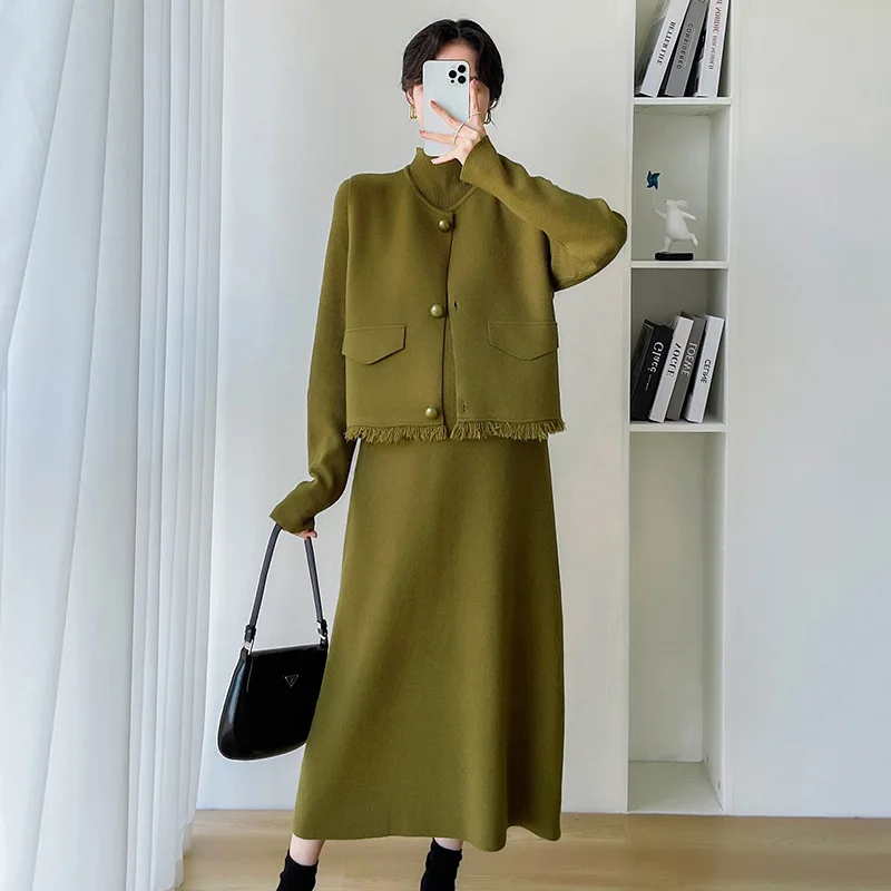 

Korean Elegant Maternity Clothes Stand Collar Sweet Knit Two Piece Dress Casual Solid Loose Autumn Winter Pregnancy Woman Skirts