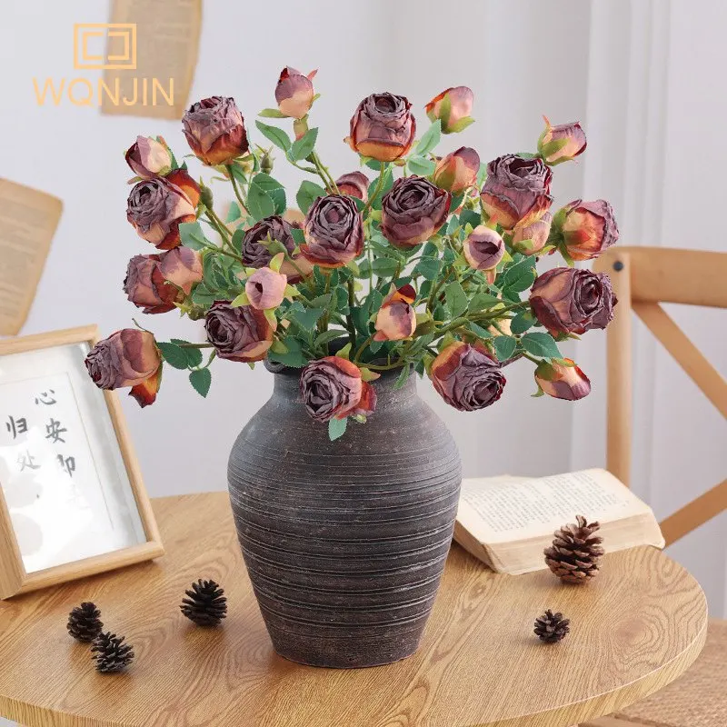 

New Rose Flower High-end Single Branch 5-head Retro Rose Autumn Home Table Wedding Decoration Photography Props Silk Flower
