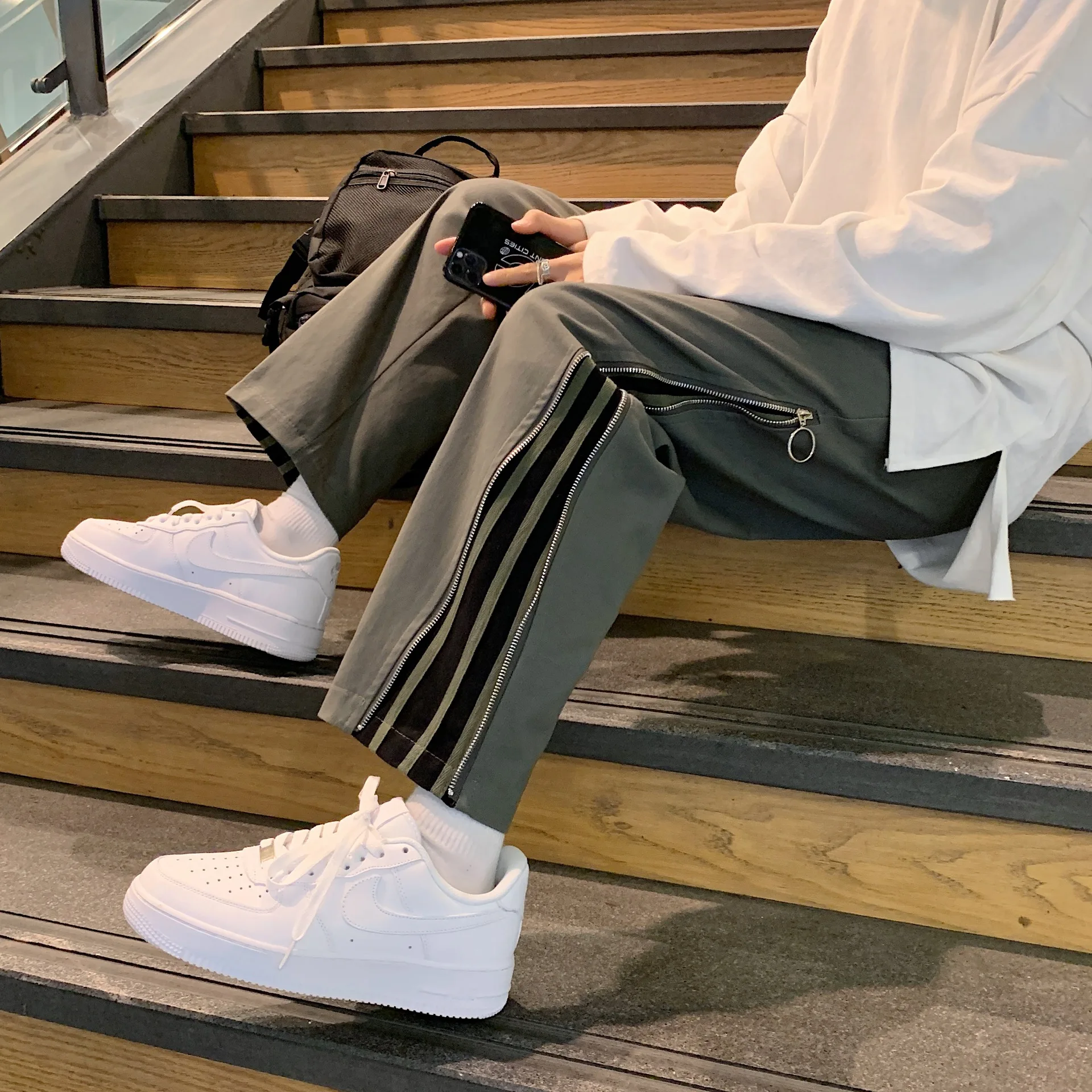

High Waist Women Black Side Striped Patchwork Streetwear Wide Leg Jean Oversize Fashion Baggy Mom Denim Pants