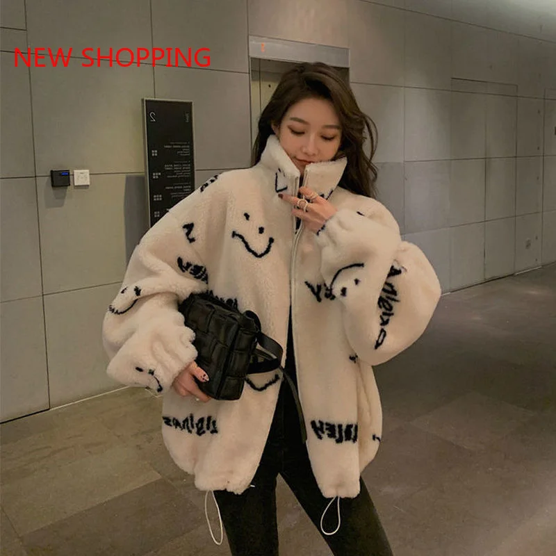 Oversized Faux Fur Woolen Warm Women Jacket Lamb Wool Winter Coat White Black 2022 Korean Chic Kawaii Parkas Stand Collar Coats
