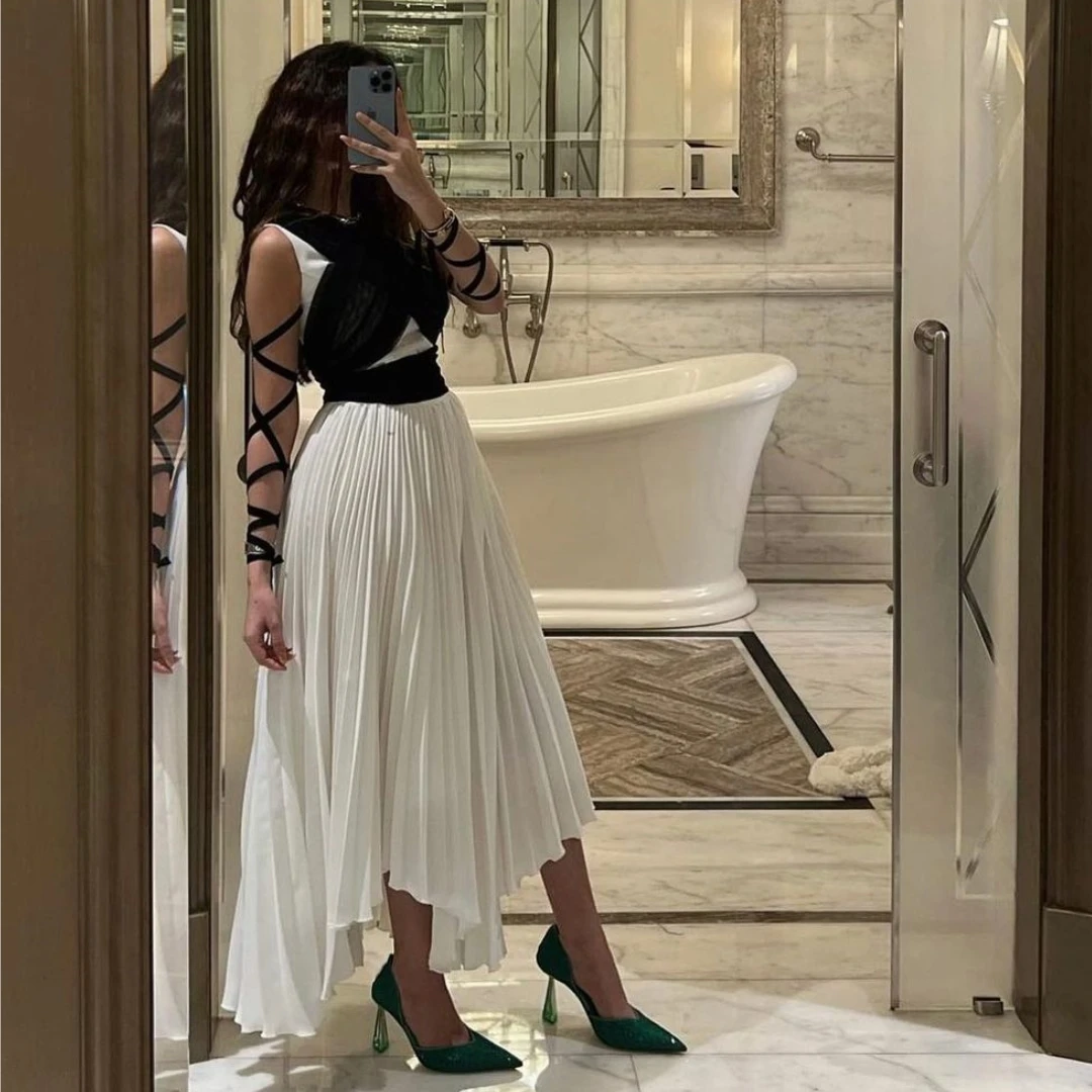 

Carolina Vintage Evening Gowns Astmmetrical Prom Dresses Criss-Cross Satin Pleated Celebrity Backless Simple Party Dresses