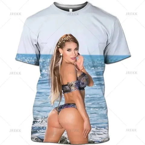 Новая мужская повседневная футболка с коротким рукавом с 3D принтом, сексуальная модель, бикини, пляжный топ, футболка с круглым вырезом для девочек, красивый узор