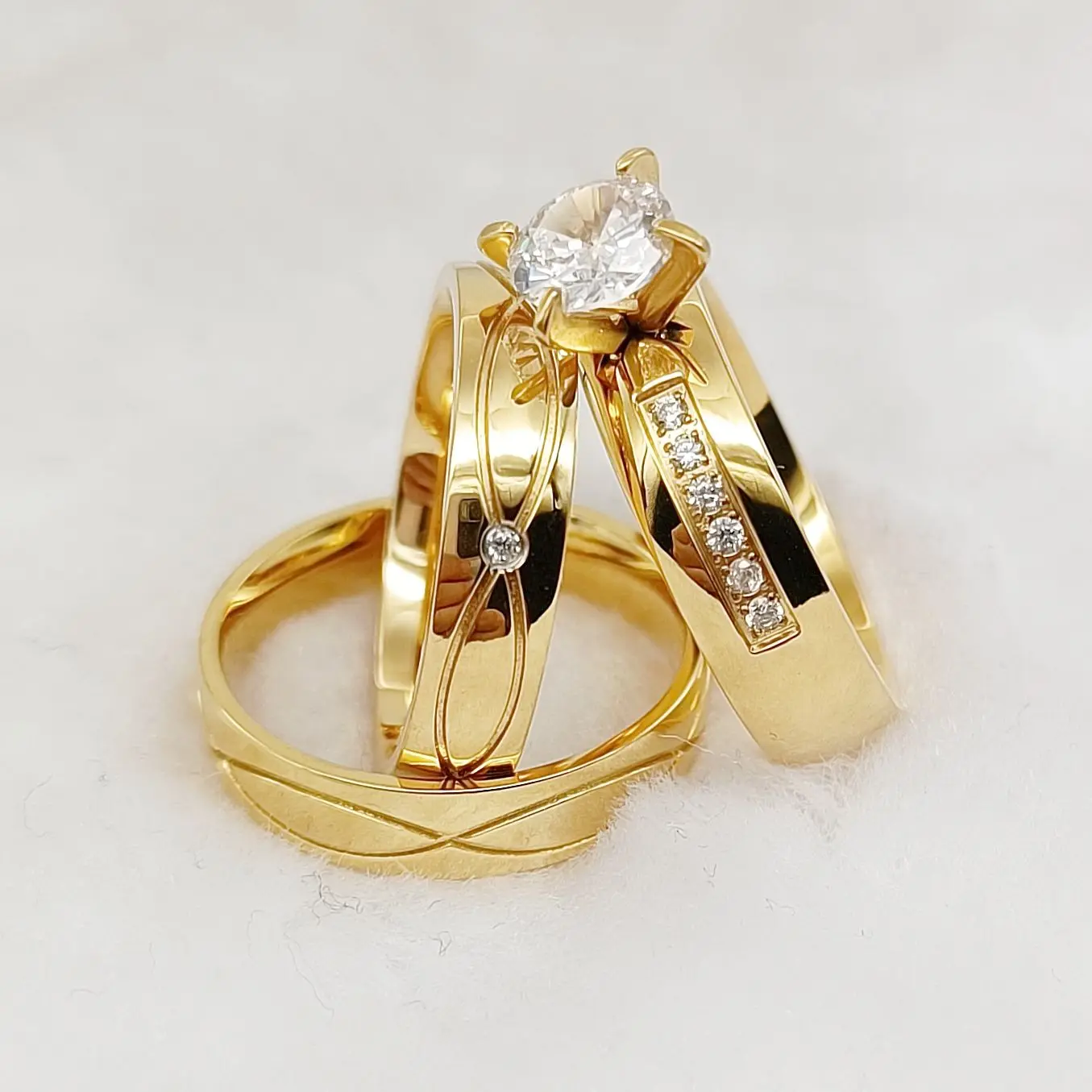 

24k Gold Plated Jewelry Wholesale Lovers cz Diamond Bridal Wedding Engagement Ring Sets for men and women Promise Couples Ring