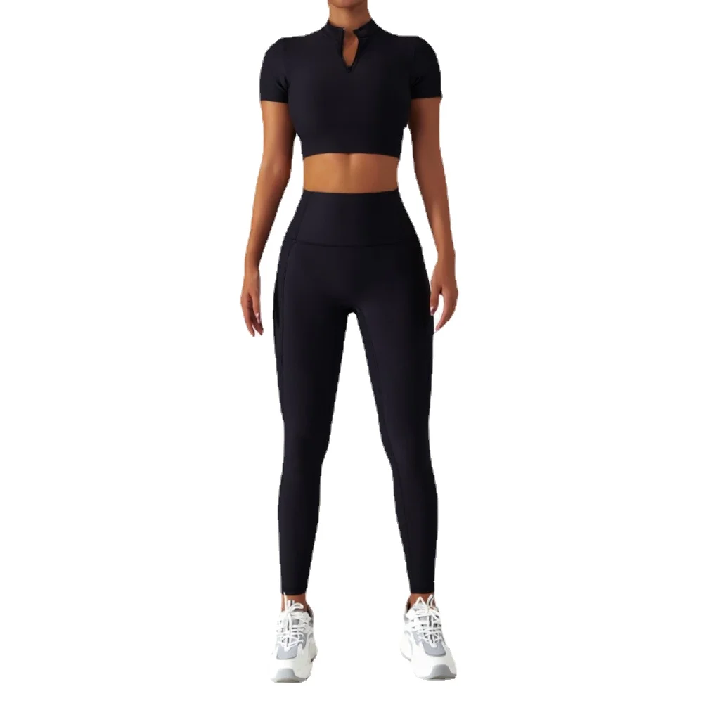 Breathable zipper long sleeve yoga clothes set female training outside wear fitness clothes high strength tight running sports s