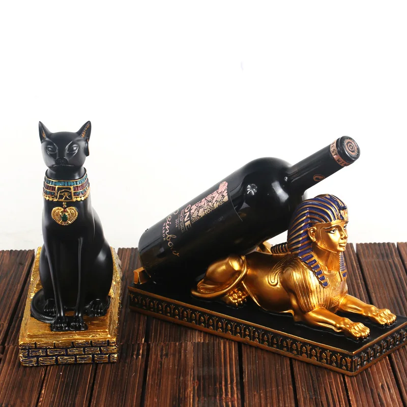 Beckoning Ancient Egyptian Cat Goddess Baste Sphinx Wine Rack Statue Room Cabinet Decoration Home Decor Ornament Figurine