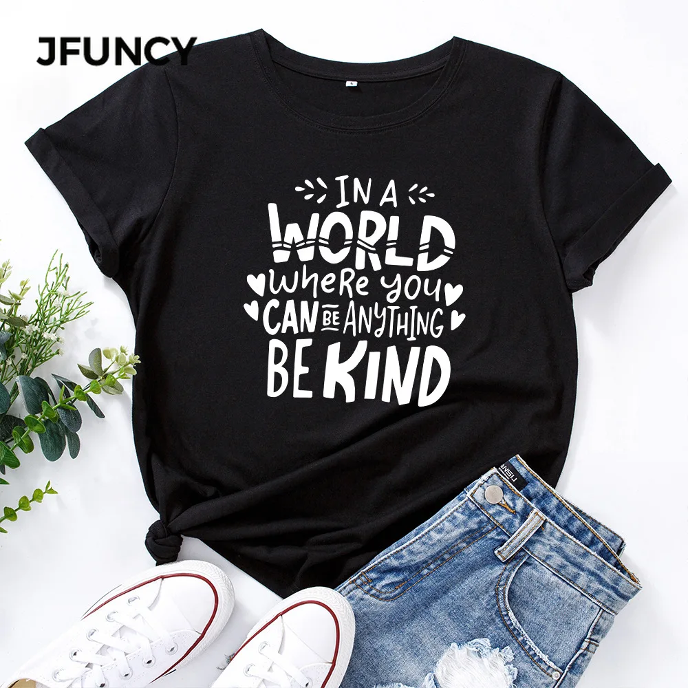 JFUNCY 100% Cotton Women's T-shirt Creative Letters Print Graphic Tees Female T Shirt Women Tops  Short Sleeve Tshirt