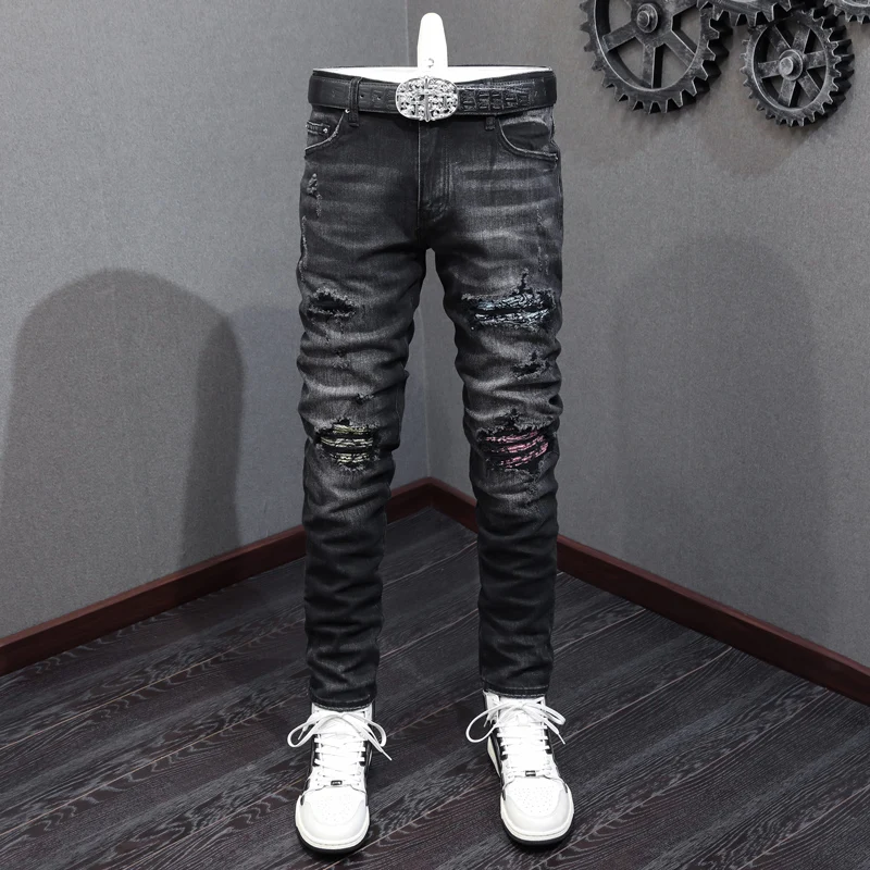 Fashion Streetwear Men Jeans Retro Black Gray Elastic Stretch Skinny Ripped Jeans Men Patched Designer Hip Hop Brand Pants Homme