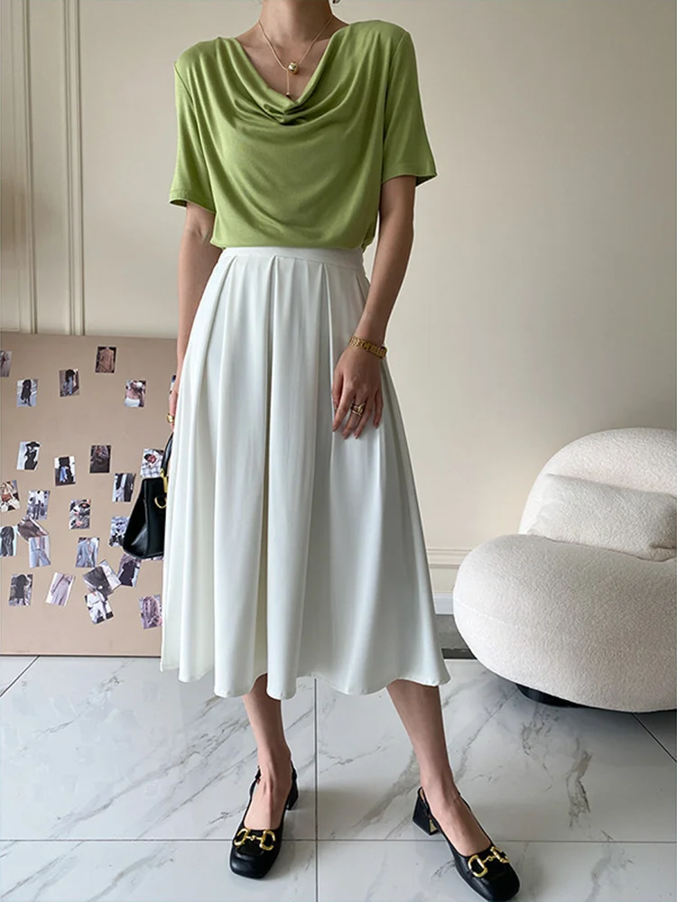 

High Elastic Waist White Brief Pleated Long Elegant Half-body Skirt Women Fashion Tide New Spring Autumn 2022 M659