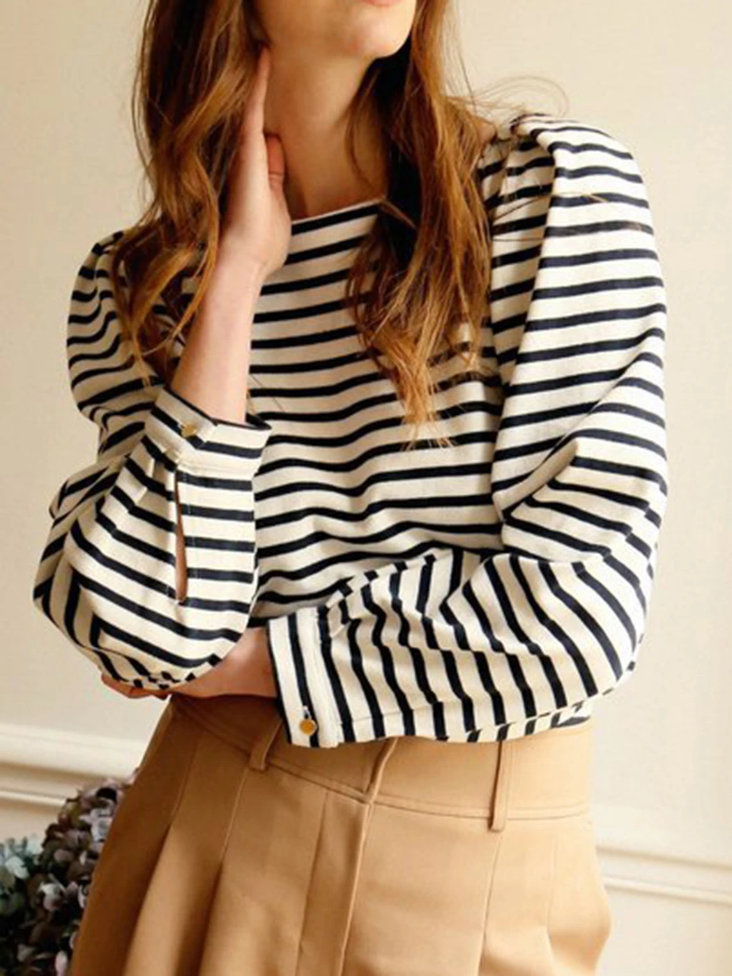 

Striped Long Sleeve T-Shirts Woman Summer O Neck Back Buttons Cotton Tshirt Tops Femme Casual Vintage Tee Shirts Clothes 2022