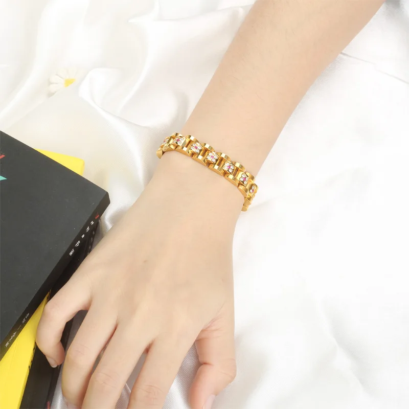 Titanium Steel Plated 18K Gold Micro Zirconia Ladies Energy Bracelet Magnetic Anti-fatigue Weight Loss Health Bracelet