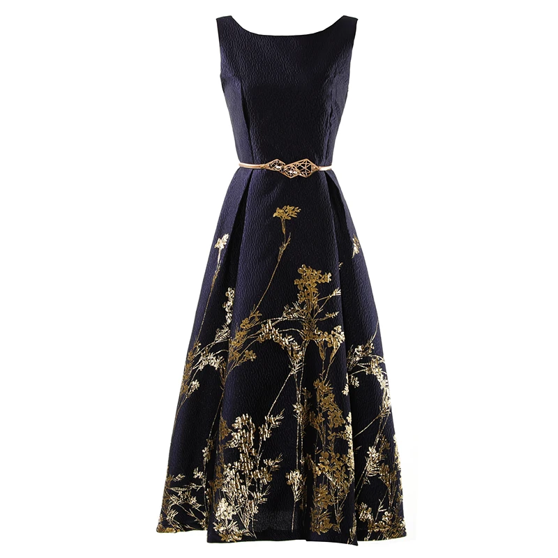 

PHOEBE HZ Summer Midi Skirt For Women Chinese Style Jacquard Vintage Renaissance Embroidery Pluse O-Neck Sleeveless Belt Dress