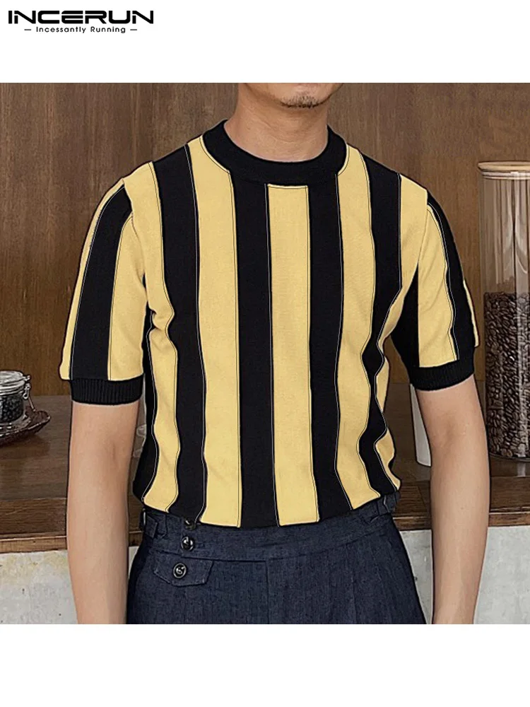 

Футболка INCERUN Мужская в полоску, с круглым вырезом и коротким рукавом