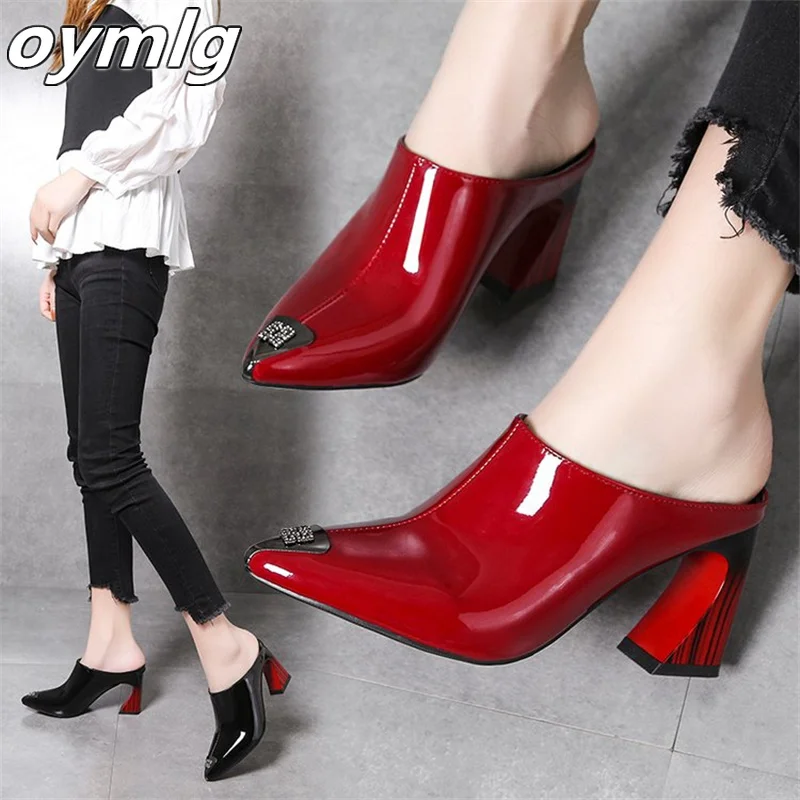 

High heel pointed toe half slippers women's spring 2022 new Baotou sandals thick heel patent leather fashion women's shoes