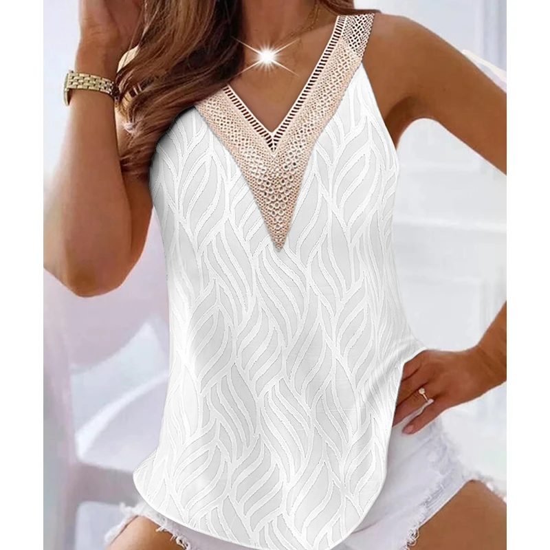 

Spring Summer Camis Tanks Tops Sleeveless Women Contrast Lace Leaf Pattern V-Neck Tank Top