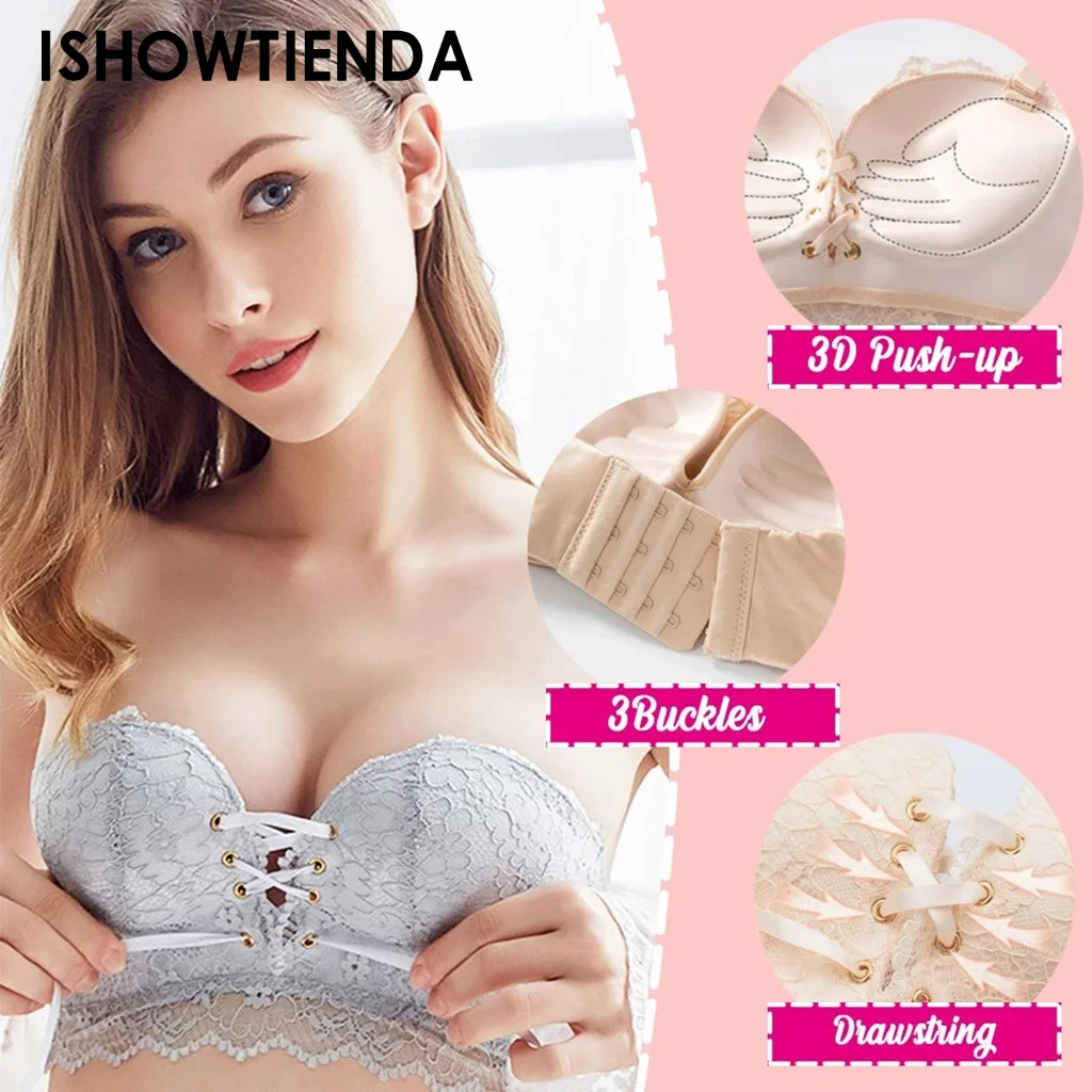 

Strapless Bra Drawstring Gather Lace Bras Invisible Bra Push Up Large Cup Non-slip Beautiful Back Sexy Women Underwear Bralette