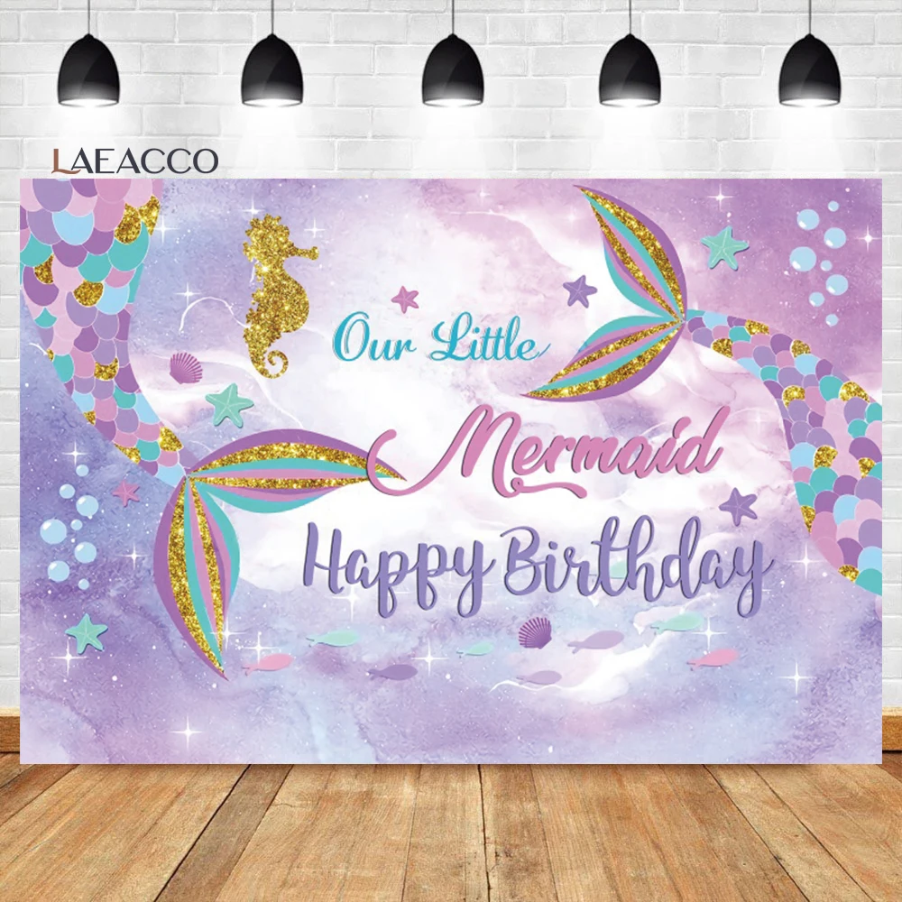 Laeacco Under The Sea Little Mermaid Purple Scales Backdrop Girl Birthday Baby Shower Portrait Customized Photography Background