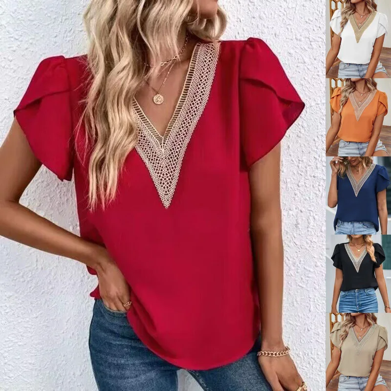 

T-shirt for Women Spring Summer 2023 Lace V-neck Petal Sleeves Solid Color T-shirt Top