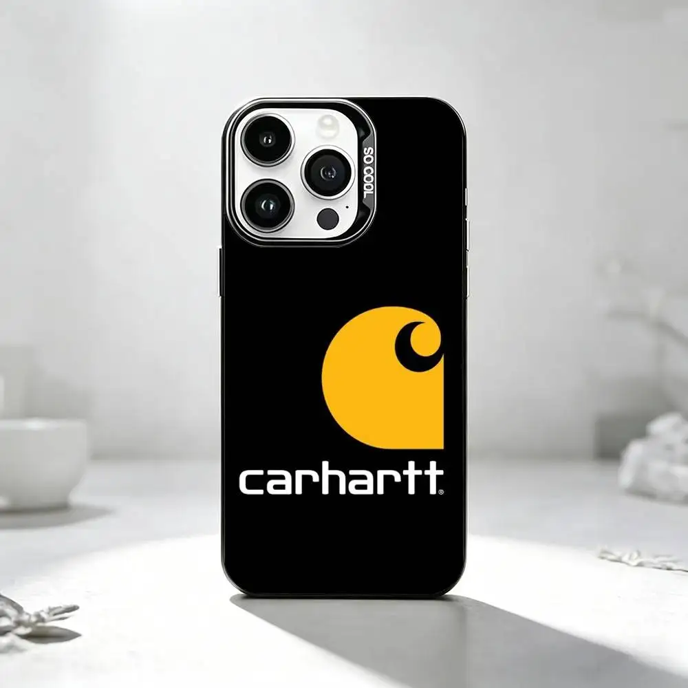 Фото Кожаный чехол C-Carhartt с логотипом для iPhone 17, 16, 15, 14, 13, 12, 11 Plus, Pro Max, XS, цветной, серебристо-черный №4