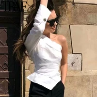 women blouses vintage sexy one shoulder tops fashion irregular collar pleated stylish white shirts blusas mujer