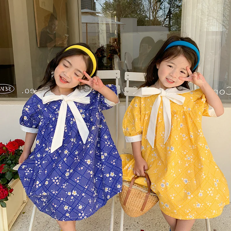 

Summer Girls Dress Lapel Tie Flower Short-Sleeved Dress Princess Vestidos Sweet Vestidos Children'S Clothing Baby Kids Clothes