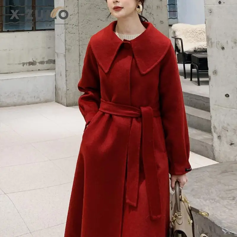 

Женское шерстяное пальто с лацканами, осеннее пальто, модные пальто, куртки, женские шерстяные длинные топы с круглым воротником, одежда G455