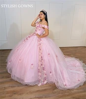 cinderella pink off the shoulder ball gown quinceanera dresses 3d flowers formal prom graduation gowns princess sweet 15 16 dres