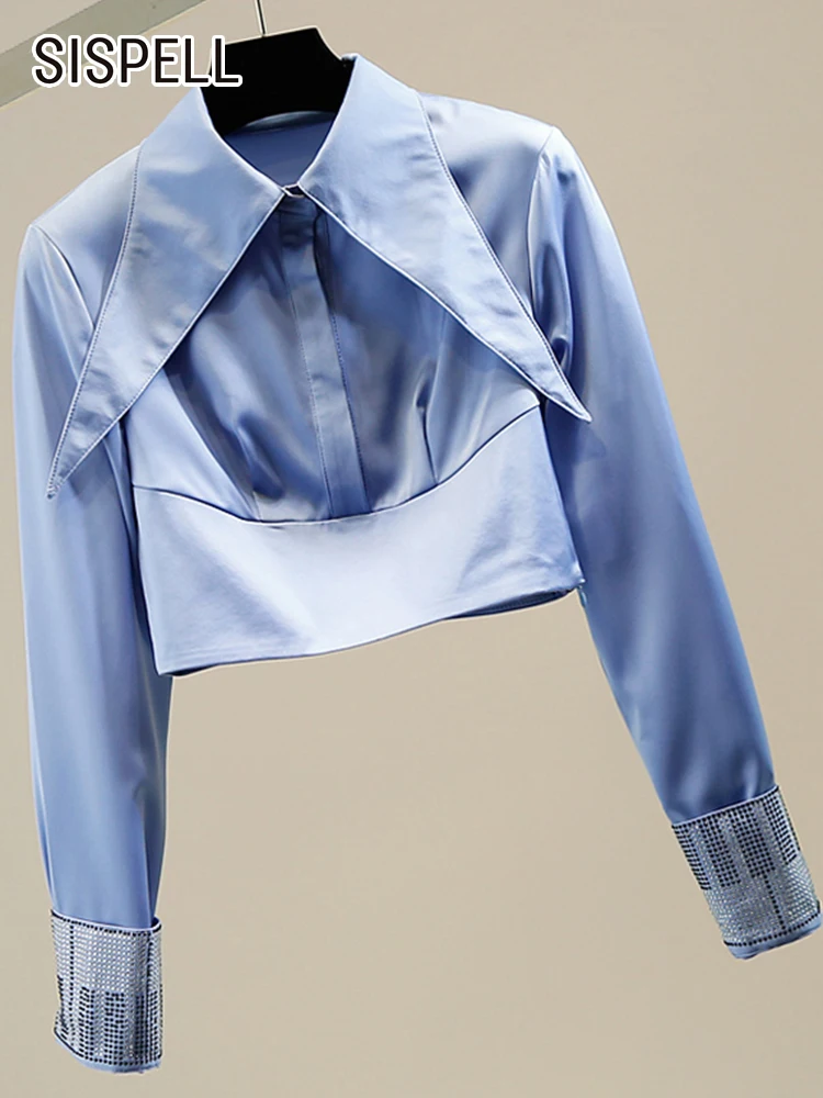 

SISPELL Solid Chic Blouses For Women Lapel Long Sleeve Patchwork Diamond Covered Button Short Blouse Female 2023 Spring Clothing