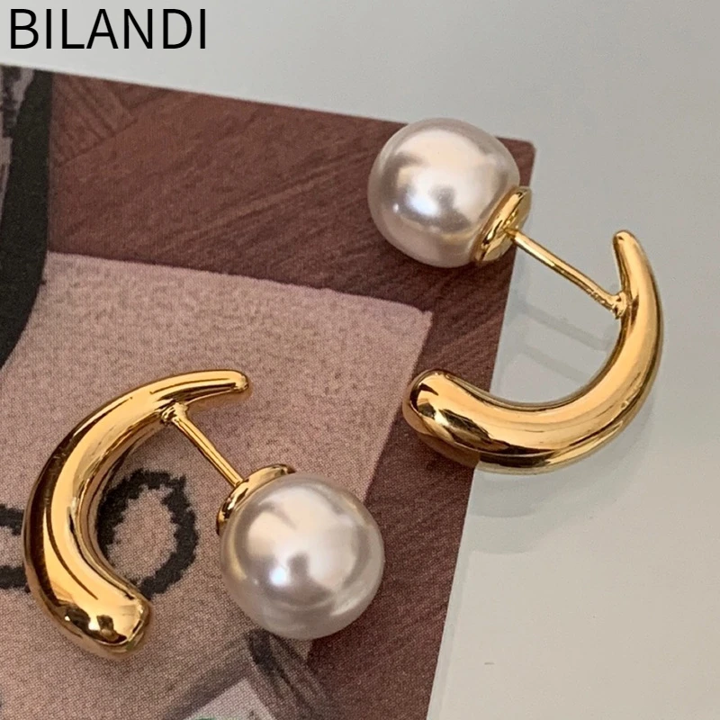 

Bilandi Modern Jewelry 925 Silver Needle Bent Metal Gold Color Stud Earrings For Women Girl Gift Back Simulated Pearl Hot Sale