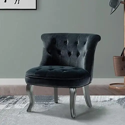 

Домашние Современные Бархатные акцентные стулья без подлокотников, Одноместный стул с мягкими тканевыми кнопками и деревянными ножками для гостиной, удобный стул