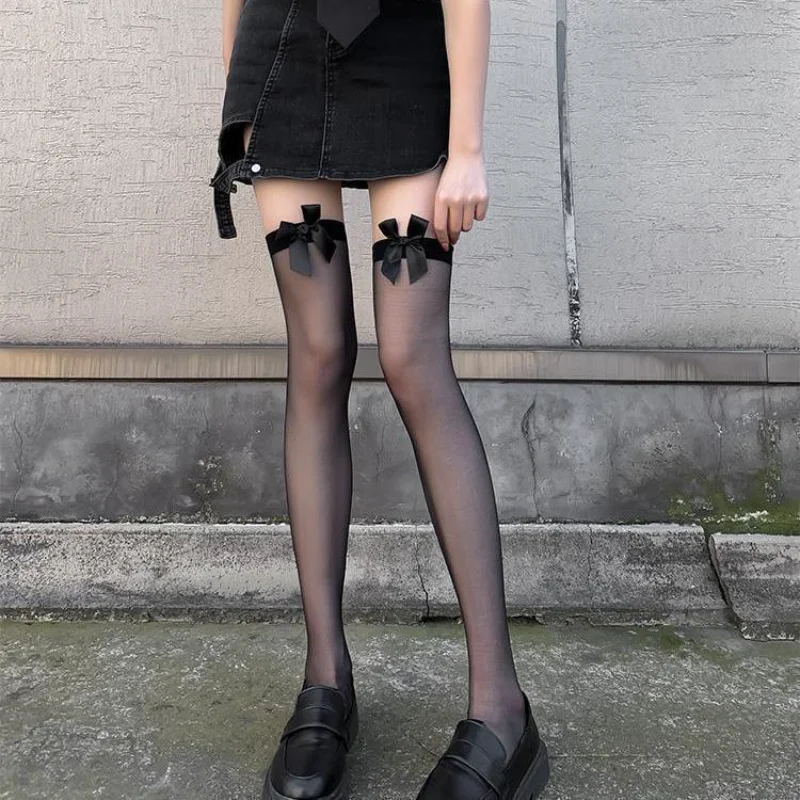 

Lolita Kawaii Bow Thigh High Silk Stocking Socks for Girls Women Sweet Cute Over Knee Maid Stocking Sexy Black Silk Stockings