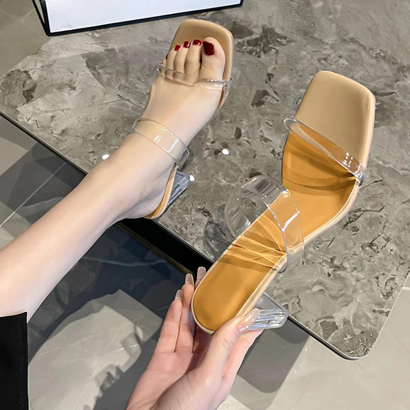 

Female Shoes Med Womens Slippers Outdoor Slides Heeled Mules Square heel 2022 High Block Transparent Rome Scandals Basic Rubber