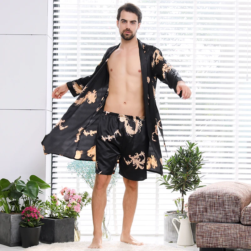 High-end Inoble Imitation Silk Men's Bathrobe Shorts Two-piece Large Size Men's Pajamas Pajamas Home Clothes