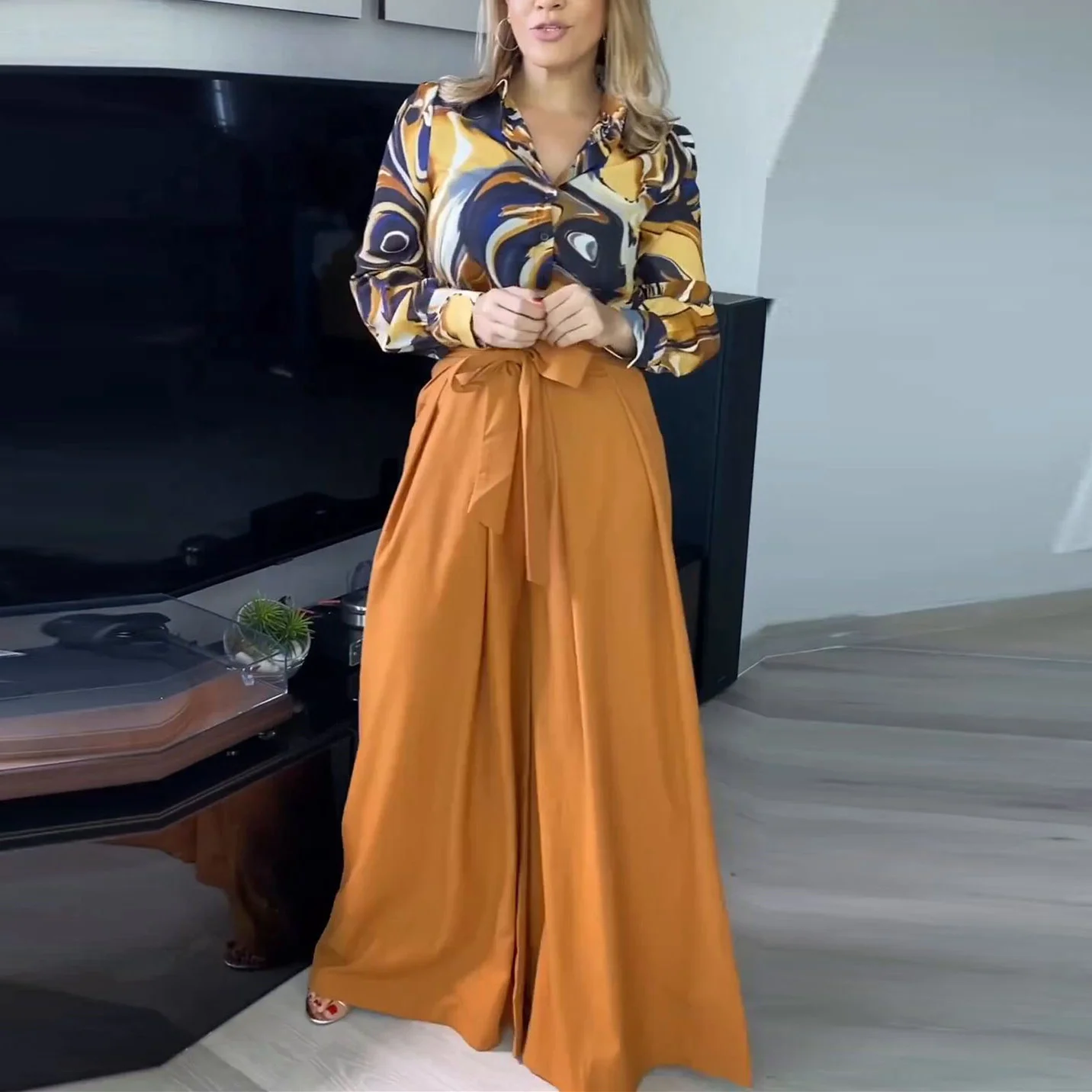 

2023 Summer New Women's Commuter Long Sleeve Shirt High Waist Lace up Wide Leg Pants Set