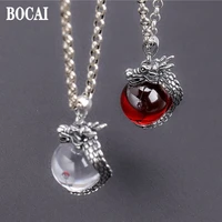 bocai new real s925 silver inlaid with garnetcrystal ball dragon pendant vintage thai silver fashion jewelry couples gift