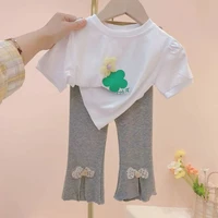 girl baby summer clothes set summer flower short sleeved top flared pants two piece bow leggings set children 0 2 4 6y