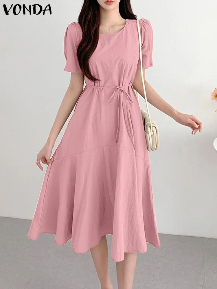 

Casual Belted Solid Color Dress Women Summer Short Sleeve Ruffled Elegant OL Midi Sundress 2023 VONDA Fashion Streetwear Vestido