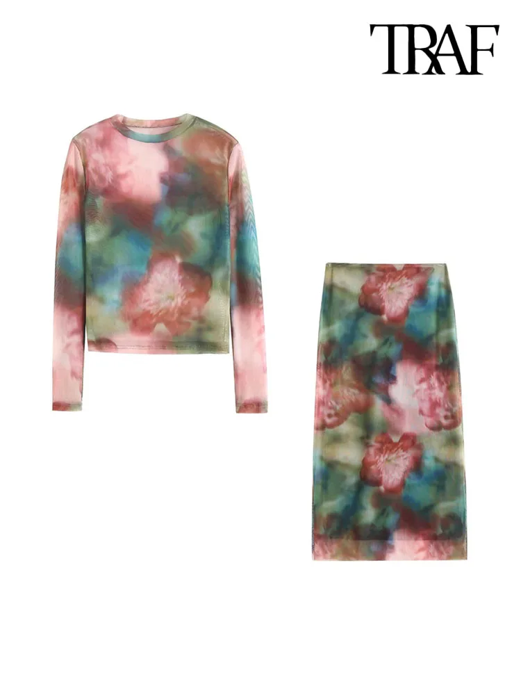 

Женский комплект из двух предметов, Полупрозрачная блузка из тюля с принтом и юбка на молнии с высокой талией