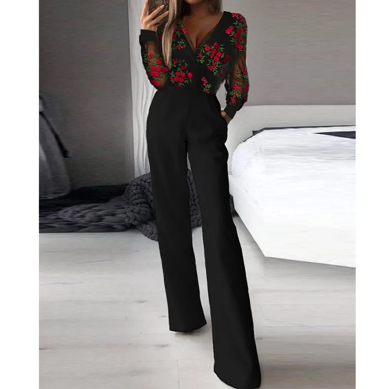 

Women Jumpsuits Summer Fashion Embroidery Mesh See-through Slim Jumpsuits Women Long Sleeve V-neck High Waist Straight Jumpsuits