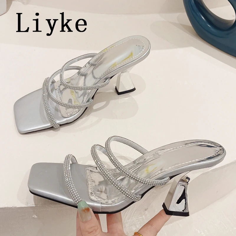 

Туфли Liyke женские на высоком каблуке, странные стильные шлепанцы, модные сандалии с квадратным носком, блестящие узкие ремешки, Размеры 35-42