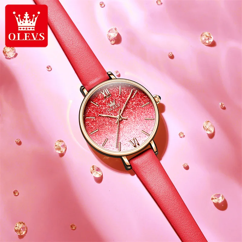 2023 OLEVS Fashion Rose Gold Watch For Women Red Leather Strap Waterproof Ladies Gift Quartz Watch 6643 Reloj Mujer