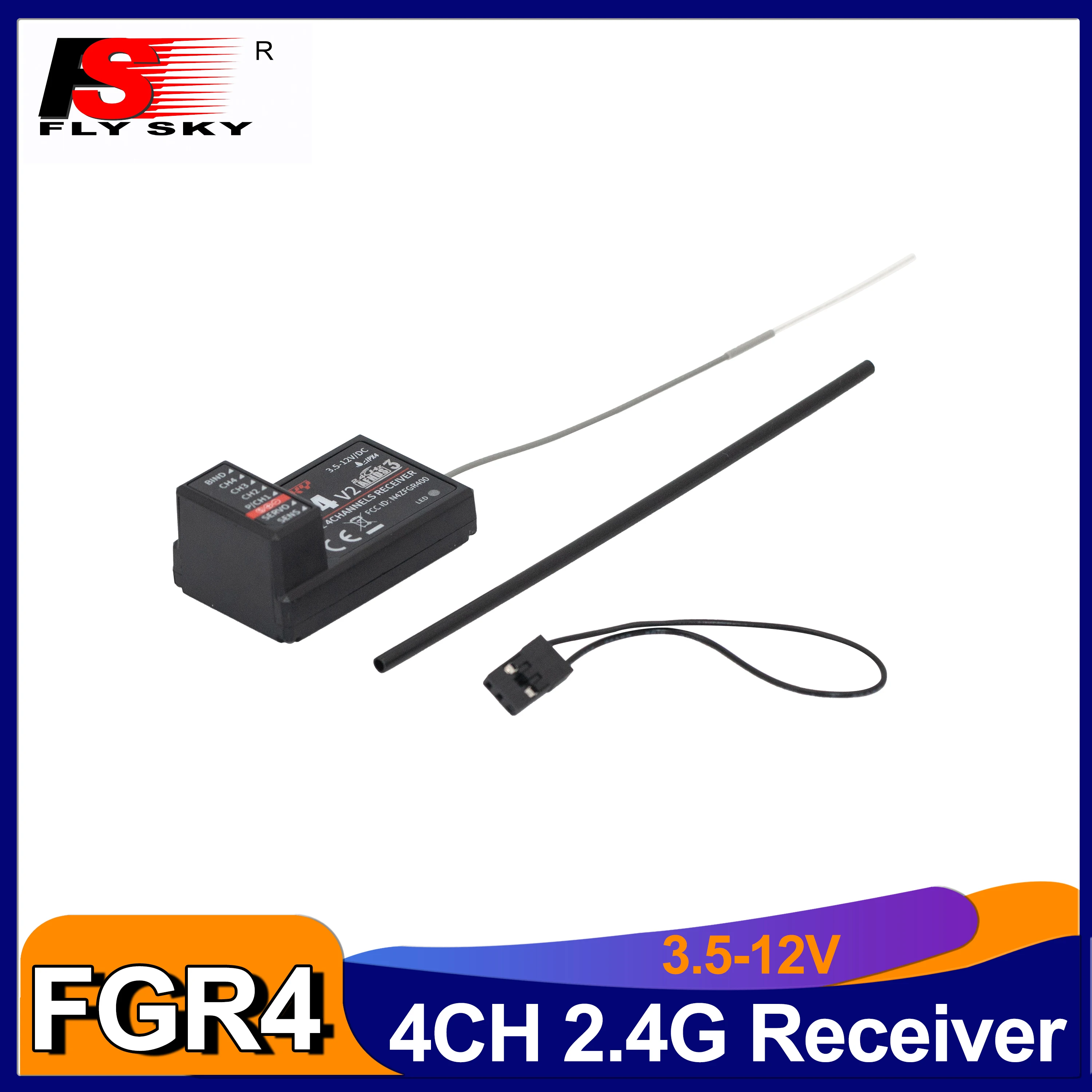 

FLYSKY FGr4 4 Channel Receiver 3.5-12V 2.4G Single Antenna AFHDS3 for RC Model Car Transmitter Remote Control Part Accessories