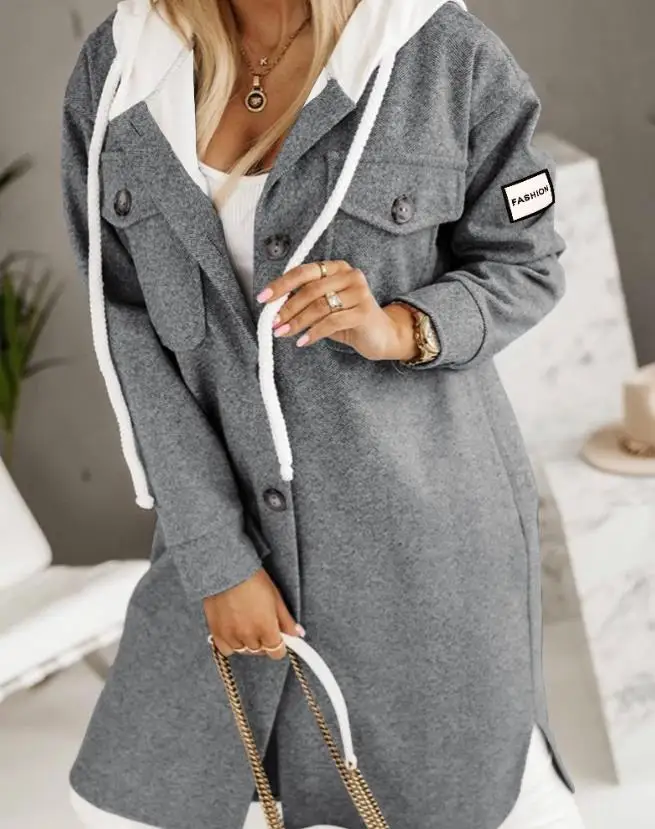 

Woman Casual Buttoned Pocket Design Longline Hooded Coat New Women's Clothing Women Keep Warm Long Sleeve Coats