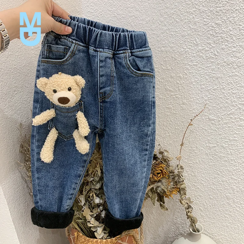 

New 2-6 Years Winter Girls Boys Cute Cartoon Bear Jeans Pant Baby Kids Children Thick Warm Fleece Denim Trousers