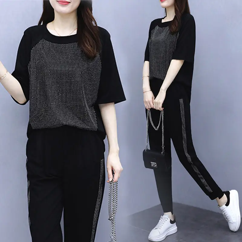 Женский брючный костюм с коротким рукавом Свободный Повседневный из двух