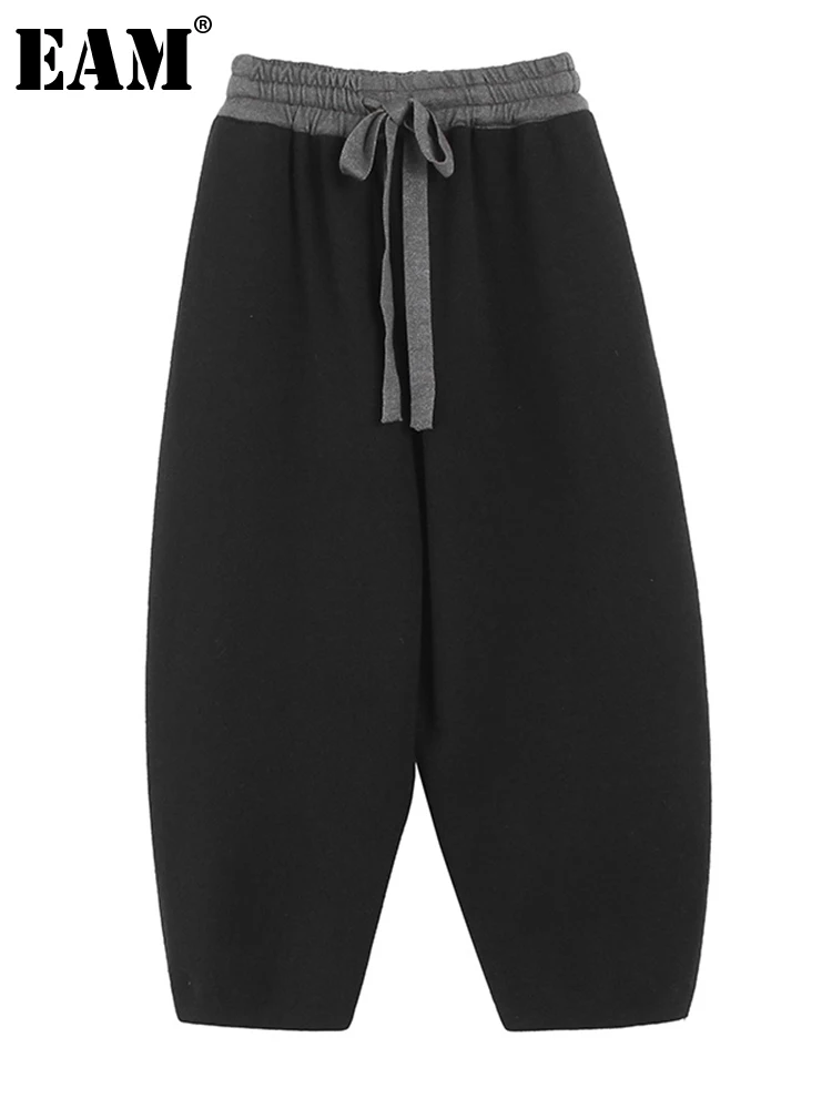 

[EAM] длинные плотные брюки с высокой эластичной резинкой на талии черного цвета, новые брюки свободного покроя, женские модные брюки осень-зи...