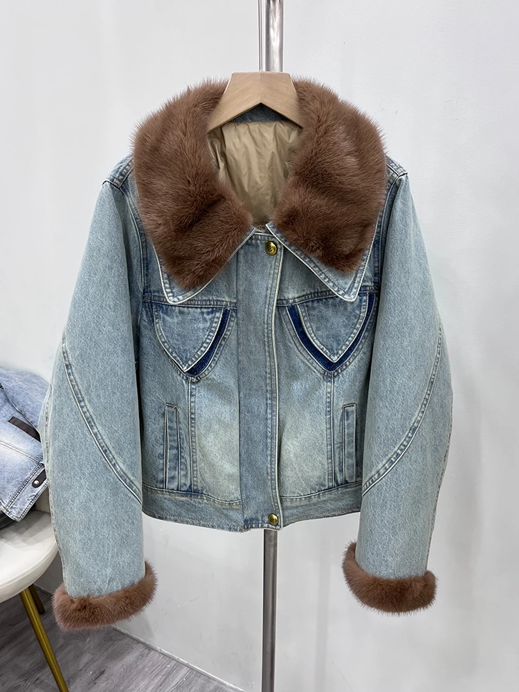 Зимние женские джинсовые пальто с воротником из натурального норкового меха