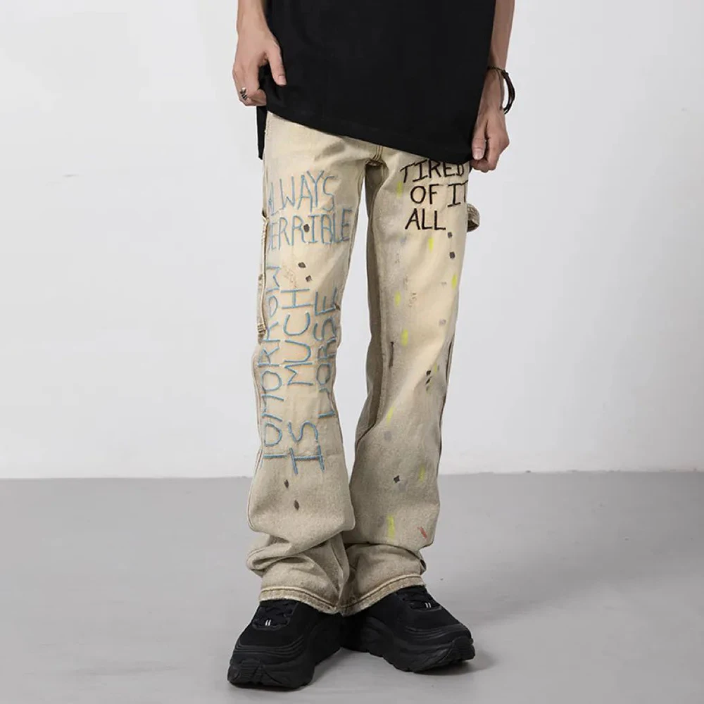 American Retro Embroidered Letters Denim Trousers Men's 2023 New High Street Loose Wide-leg Jeans Street Wear Straight-leg Pants