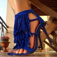 summer long tassel gladiator high heel sandals yellow royal blue fuchsia suede fringed cutout shoes women party sandalias